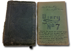 cover of George Henry Hambley's diary. The cover is black with no writing on it. The inner  the diary has writing : “Geo. H. Hambley Can. Light Horse. Diary. Sept 30th 1917. No 7. When he sent his great voice forth out of his breast, and his words fell like the winter snows, nor then would any mortal contend with Ulysses - Homer's Iliad - Preface to speeches and letters by Abraham Lincoln”