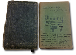 cover of George Henry Hambley's diary. The cover is black with no writing on it. The inner the diary has writing : “Geo. H. Hambley Can. Light Horse. Diary. Sept 30th 1917. No 7. When he sent his great voice forth out of his breast, and his words fell like the winter snows, nor then would any mortal contend with Ulysses - Homer's Iliad - Preface to speeches and letters by Abraham Lincoln”