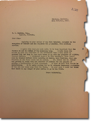 Letter from Premier  T. C. Norris to E. O. Gautron