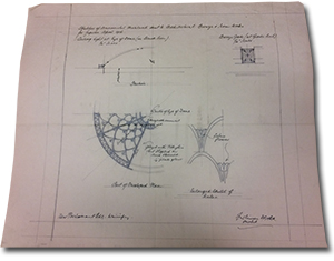 “sketches of ornamental metalwork sent to Architectural Bronze and Iron Works for figures April 1916. Ceiling light at Eye of Dome (in Black Iron) 1/2″ scale. Bronze Gate (at grade level) 1/4″ scale.”