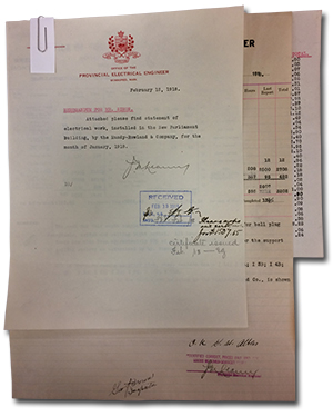 “Office of the Provincial Electrical Engineer, Winnipeg, Man. February 12, 1918.Memorandum for Mr. Simon. Attached please find statement of electrical work, installed in the New Parliament Building, by the Mundy-Rowland & Company, for the month of January, 1918.” It is stamped “Received FEB 13 1918” Handwritting on page says “Please make out cert for $1507.65”