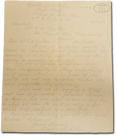 une lettre avec Boyce Nicholson à Augusta Boulton