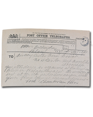 “Buckingham Palace. Nursing Section Mina Mowat. No 11 Can Gen Hosp Moore Shorncliffe. Your attendance is required at Buckingham Palace on Wednesday next the seventeenth  inst at ten ock indoor uniform with gloves please telegraph acknowledgement. Lord Chamberlain Ldn.” “Telegram from the Lord Chamberlain requesting attendance of Wilhelmina Mowat at Buckingham Palace where she was invested with the Royal Red Cross by His Magesty King George.”