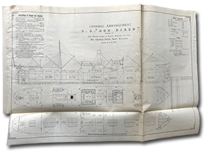 a chartered steamer plan with an scaled illustration of the layout of the ship. “General Arrangement S. S. Don Diego. Owned by the Buenos Ayres & Pacific Railway Co. Ld., Mr. George Dodd, Ships' Husband. Scale 1/16 to 1 foot.”