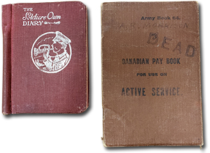close up photo of two books. One it titled “Army Book 64. Canadian Pay Book for use on Active Service” and stamped “DEAD”. Book entitled “The Soldiers Own Diary”