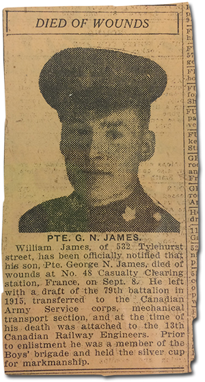 clipping of Newspaper article announcing Pte. G. N. James “Died of Wounds”