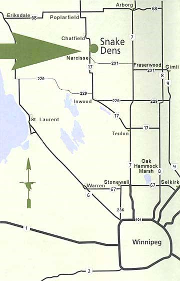 Manitoba map showing location of snake dens