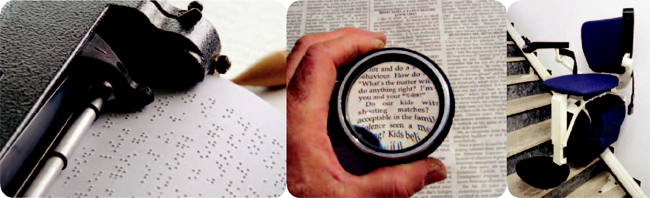 three photos; braille typewriter, magnifying glass and chair lift for stairs