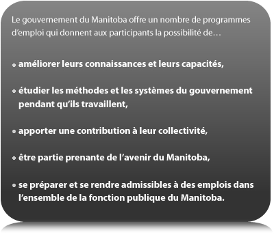 Le gouvernement du Manitoba offre un nombre de programmes d’emploi qui donnent aux participants la possibilité de... améliorer leurs connaissances et leurs capacités, étudier les méthodes et les systèmes du gouvernement pendant qu’ils travaillent, apporter une contribution à leur collectivité, être partie prenante de l’avenir du Manitoba, se préparer et se rendre admissibles à des emplois dans l’ensemble de la fonction publique du Manitoba.