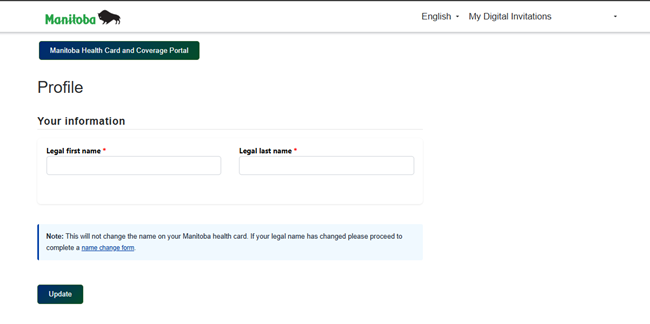 Profile page on My Manitoba Health Card account