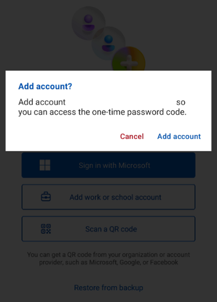 Add account popup on authenticator app