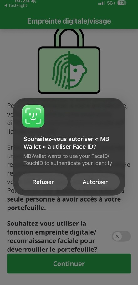 Demande d'autorisation pour Portefeuille MB d'utiliser Face ID