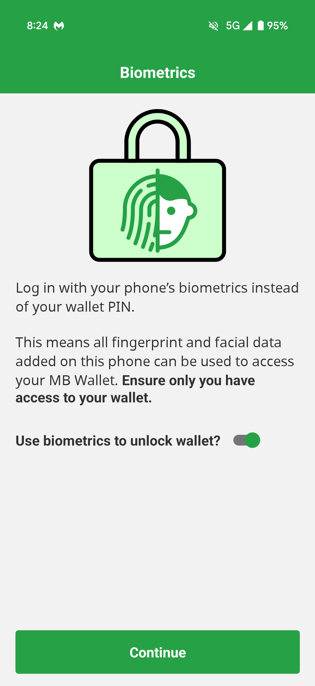 Prompt to enable biometric authentication on the MB Wallet app