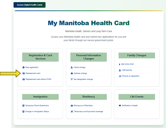 Home page on My Manitoba Health Card account pointing to 'Replacement Card' button