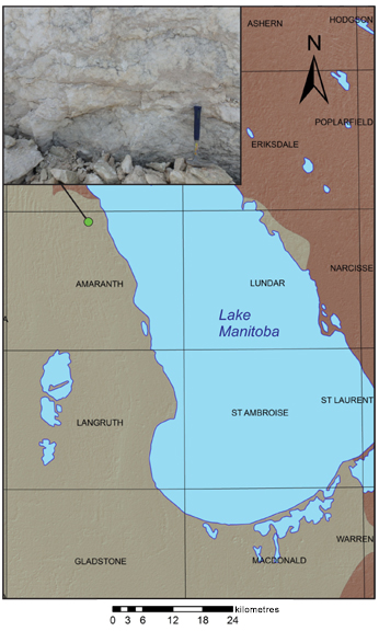 Digital elevation map showing the distribution of the Upper Amaranth Member in green; NTS 50K sheets are labelled. Inlay is of gypsum from an active quarry. Click image to enlarge.