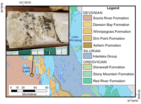 Geological map of the Lake Winnipegosis area, considered to be the area of highest MVT prospectivity in Manitoba. Inset photograph depicts carbonate-hosted sphalerite mineralization in drillcore RP95-17. Click to enlarge.