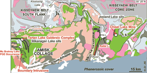 Figure 3: Schematic geology of the Flin Flon greenstone belt showing PGE-bearing properties.