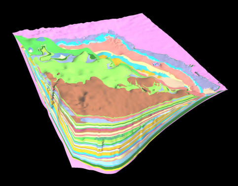 3D model image top down view of all modeled units (Precambrian to Cretaceous Belly River Formation).