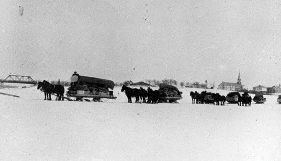Winter freight leaving The Pas for Flin Flon, 1925.