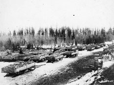 Sleds loaded with Mandy Mine ore, awaiting freighting, 1917.