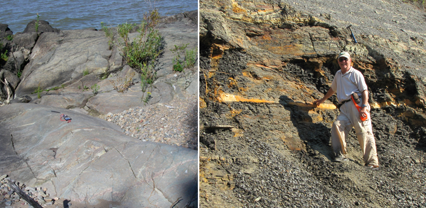 IN THE FIELD: (L) Located on the east shoreline of the south basin of Lake Winnipeg are outcroppings showing Archean tonalite with veins and dykes of biotite granodiorite to granite. (R) Jim Bamburak stands by a non-calcareous, oxidized, silty black shale along the Vermillion River, southwest of Dauphin, Manitoba.