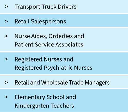 Transport Truck Drivers; Retail Salespersons; Nurse Aides, Orderlies and Patient Service Associates; Registered Nurses and Transport Truck Drivers; Retail Salespersons; Nurse Aides, Orderlies and Patient Service Associates; Registered Nurses and
Registered Psychiatric Nurses; Retail and Wholesale Trade Managers; Elementary School and
Kindergarten Teachers