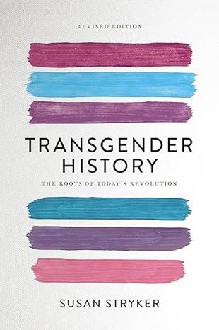 Book Cover for Transgender History showing the title with three lines above and three below. The lines are in varying shades of blue, pink, and purple.