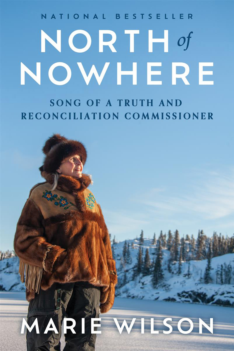 Book cover for North of Nowhere showing a photo of Marie Wilson. She stands outside in a snow-covered setting. She is dressed in furs, and looks out into the distance.