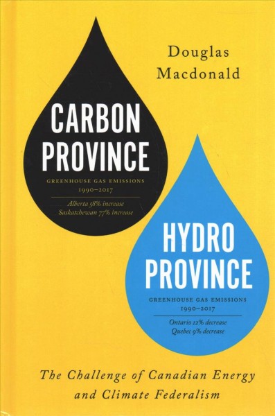 Book cover for “carbon province, hydro province” showing two water drops on a yellow background. One water drop is black and reads “carbon province” and the other is blue and reads “hydro province”.
