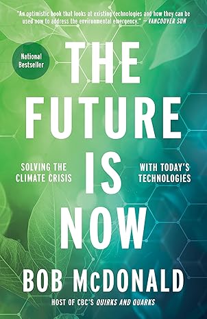 Book cover for “The Future is Now” showing the title across a screen and blue background with leaves and geometric shapes