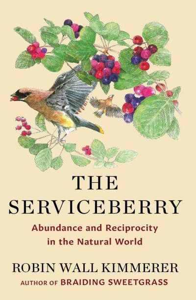 Book cover for “The Serviceberry” showing an illustration of two birds flying through a serviceberry bush.