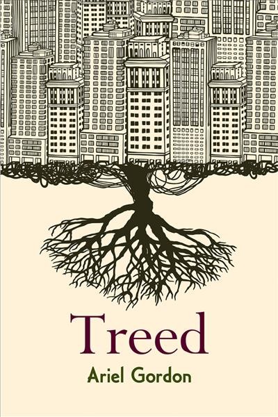 Book cover for “Treed” showing the cover split in half horizontally. The top half shows densely packed buildings. The bottom half shows a tree growing downwards.