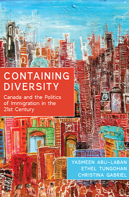 Couverture du livre &laquo; Containing Diversity. &raquo; Elle pr�sente un paysage urbain color�, aux allures de peinture, avec des b�timents dens�ment regroup�s dans des tons de rouge, d'orange, de bleu et de turquoise.
 