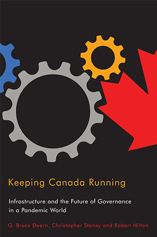 Couverture du livre � Keeping Canada Running �. Le motif pr�sente de grands engrenages imbriqu�s gris, bleus et orange sur fond noir. Une feuille d'�rable rouge stylis�e appara�t � droite, partiellement recouverte par un engrenage.