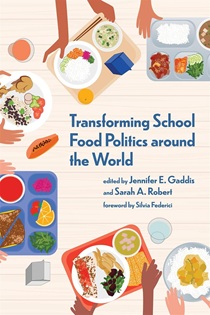 Book cover for Transforming School Politics Around the World showing an illustrated overhead view of a cafeteria table, with lunch trays.