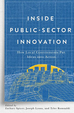Book cover for Inside Public-Sector Innovation: How Local Governments Put Ideas into Action. The cover shows a blue, blueprint-style background overlaid with yellow line drawings of buildings and infrastructure elements.