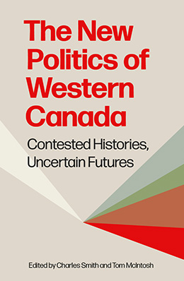 Couverture du livre La nouvelle politique de l'Ouest canadien. La couverture pr�sente un fond beige clair avec un grand texte de titre rouge. Plusieurs formes triangulaires superpos�es dans des tons de gris, vert, marron et rouge rayonnent vers le haut � partir d'un point situ� pr�s du bas au centre de la couverture, cr�ant un motif g�om�trique en forme d'�ventail.