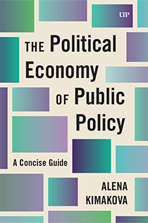 Book cover for The Political Economy of Public Policy: A Concise Guide. The design features a mosaic of rectangular tiles in muted shades of teal, green, blue, and purple. The title appears in bold black and dark teal text centered on a cream background.