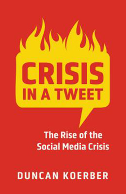 Couverture du livre &laquo;  Crise en un tweet. &raquo; Elle pr�sente un fond rouge vif avec une grande bulle de dialogue jaune surmont�e de flammes stylis�es. Un texte rouge et blanc en gras appara�t � l'int�rieur et en dessous de la bulle.