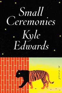 Book Cover for Small Ceremonies showing an illustration of a tiger. As the background changes from brick to solid yellow, the tiger changes in colour from pure black to orange and black stripes.