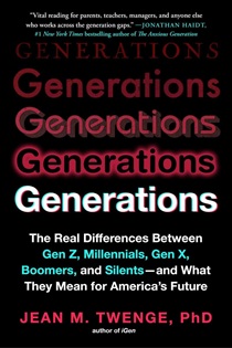 Book cover for Generations: The Real Differences Between Gen Z, Millennials, Gen X, Boomers, and Silents – and What They Mean for America’s Future showing the title glowing in red, blue, and red text against a black background.