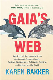 book cover showing a watercolour of two orcas nose to nose. The orca on the left appears normally while the orca on the right is made up of data