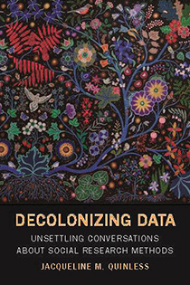 book cover showing a Chrisi Belcourt painting. Plant and animal motifs appear on a black background, and are painted to look like beadwork