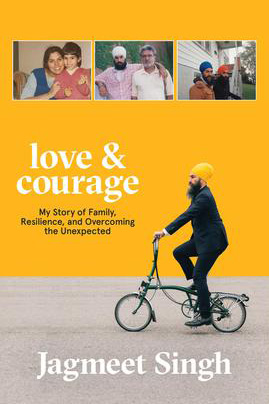 book cover showing Jagmeet Singh riding a bicycle. Pictures from his life appear along the top edge of the cover
