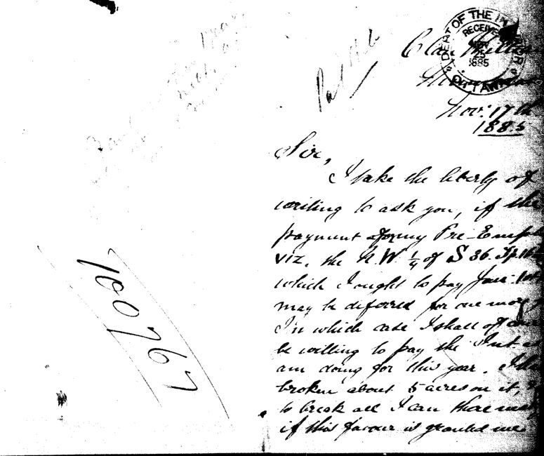 Octavius Averill's letter to the Dominion Lands Branch