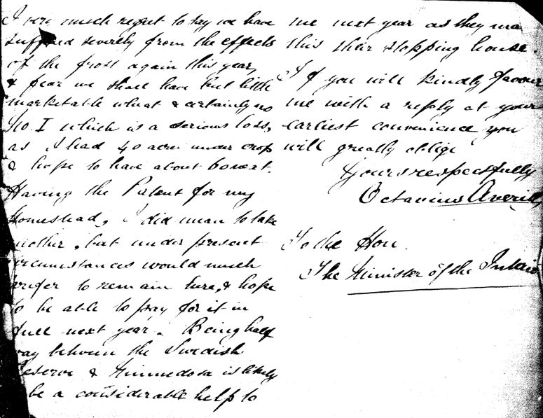 Lettre d'Octavius Averill  la Direction des terres du Dominion