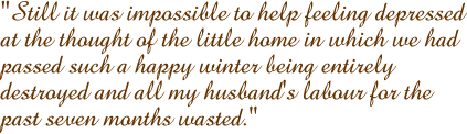 Still it was impossible to help feeling depressed at the thought of the little home in which we had passed such a happy winter being entirely destroyed and all my husband's labour for the past seven months wasted.