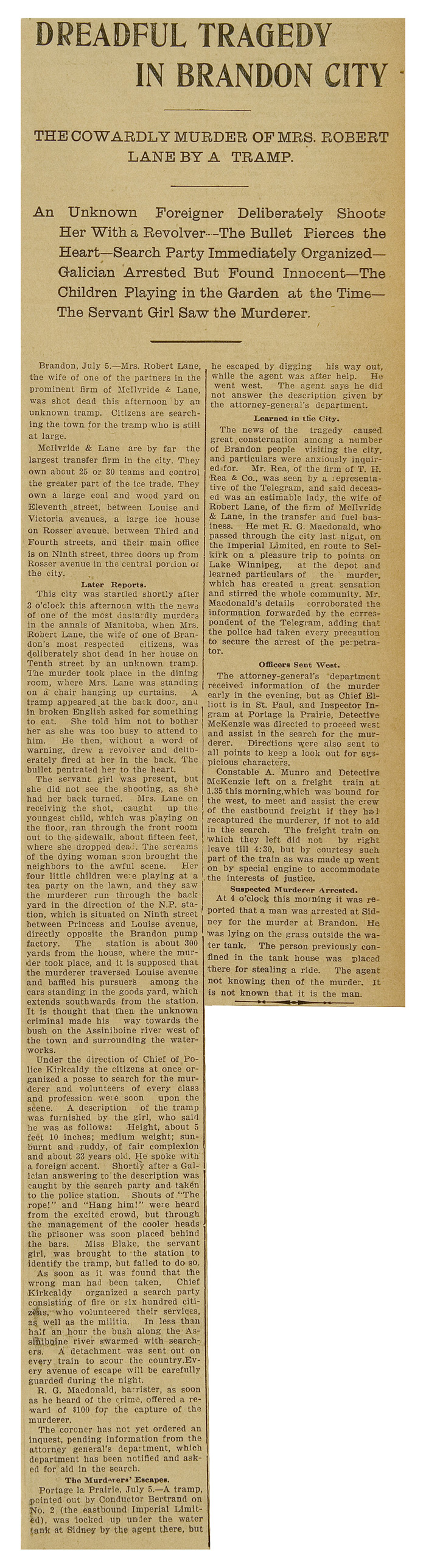 Article du Winnipeg Morning Telegram, 6 juillet 1899