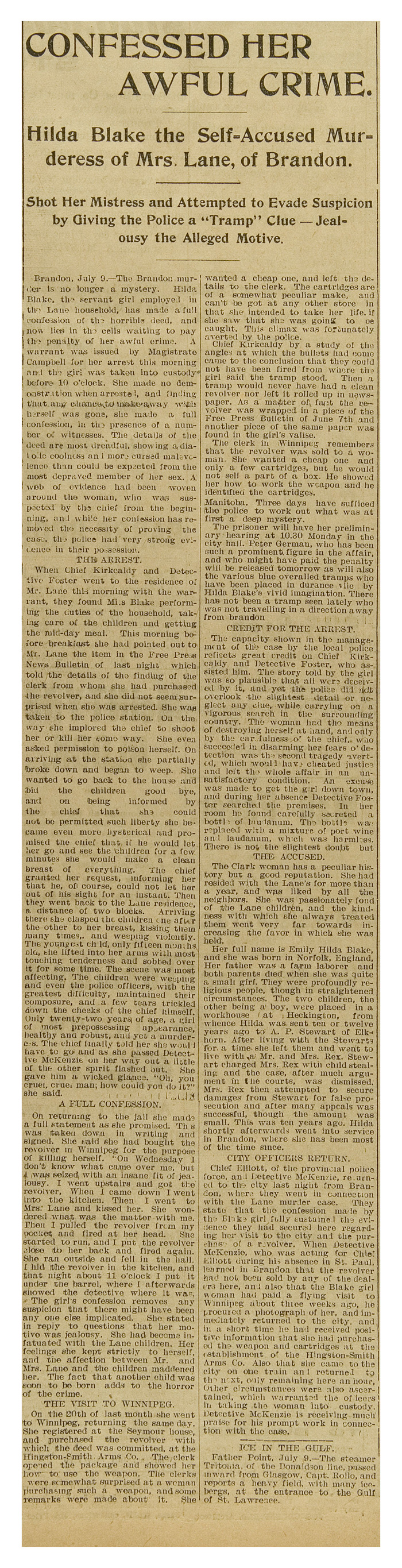 Manitoba Morning Free Press Article,  10 July, 1899