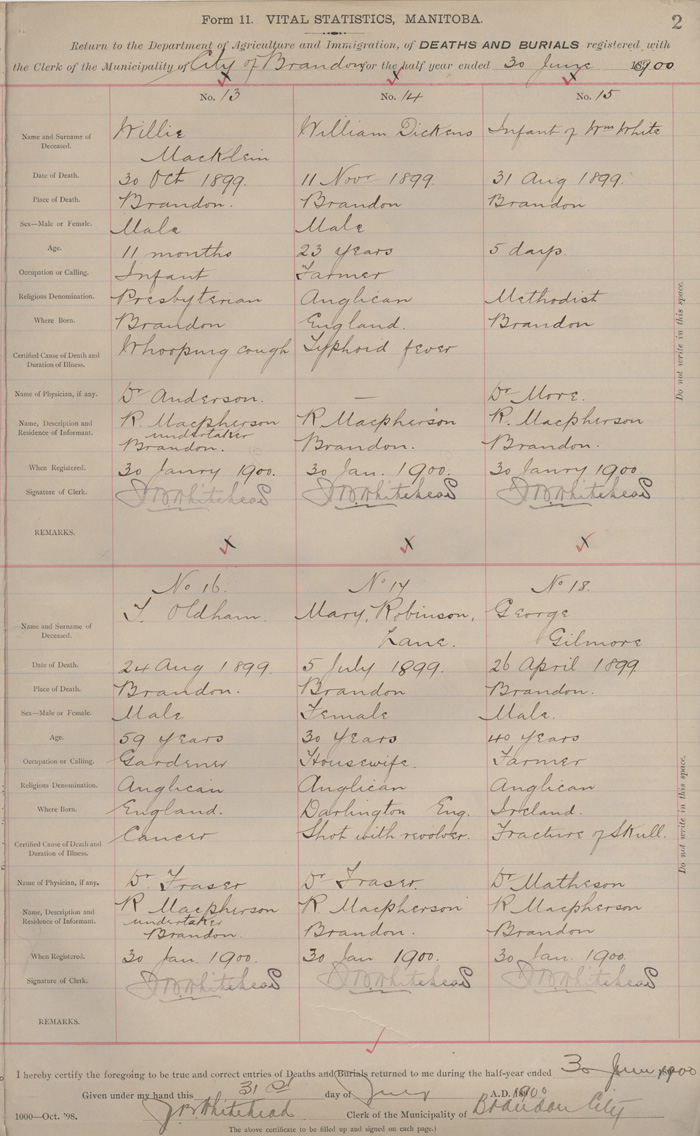 Death record for Mary Robinson Lane, c. 1899